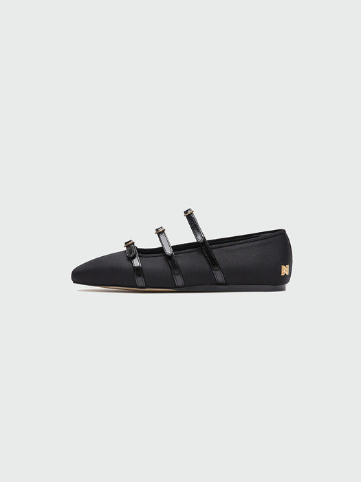 Eenk Zana Triple Buckle Square Toe Mary Jane Flats - Black