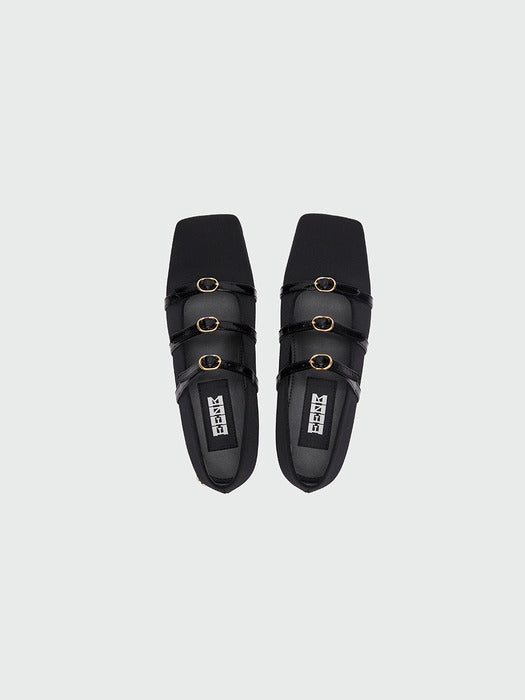 Eenk Zana Triple Buckle Square Toe Mary Jane Flats - Black