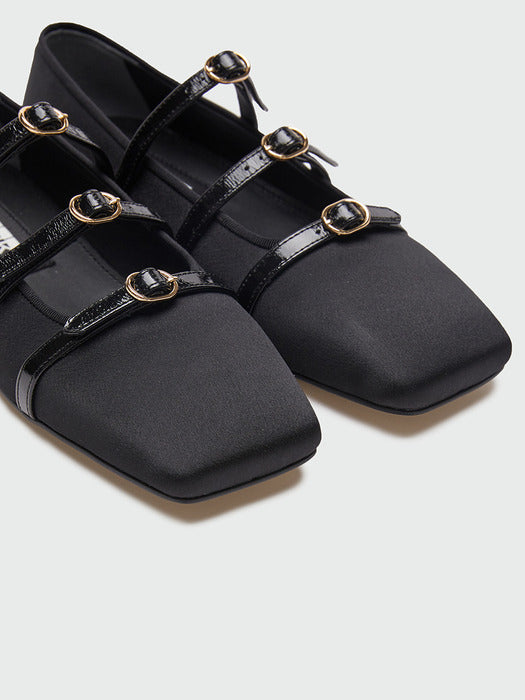 Eenk Zana Triple Buckle Square Toe Mary Jane Flats - Black