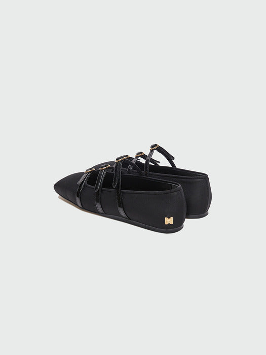 Eenk Zana Triple Buckle Square Toe Mary Jane Flats - Black