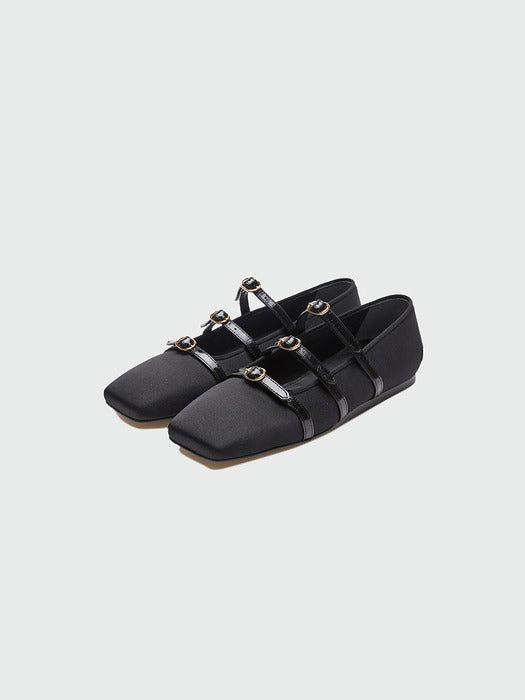 Eenk Zana Triple Buckle Square Toe Mary Jane Flats - Black