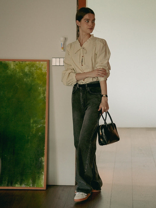 Tillidie All Brush Washing Denim Pants Vintage Black