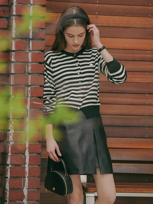 [TILLIDIE] Slit stitch point leather skirt_Black
