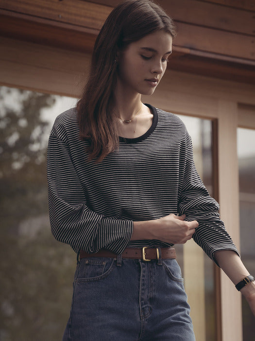Tillidie U-neck long sleeve stripe t-shirt Black