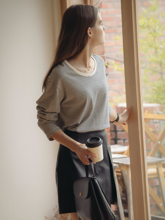 [TILLIDIE] U-neck long sleeve stripe t-shirt_Navy