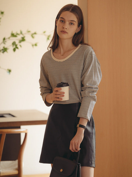 [TILLIDIE] U-neck long sleeve stripe t-shirt_Navy