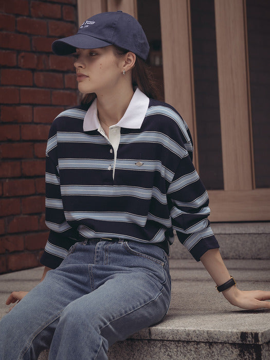Tillidie Cotton stripe base collar polo t-shirt Navy