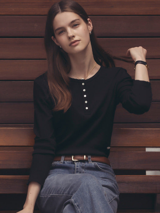 [TILLIDIE] Picot edge henry neck ribbed t-shirt_Black