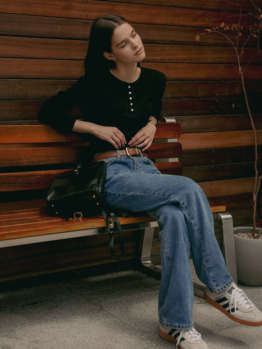 [TILLIDIE] Picot edge henry neck ribbed t-shirt_Black