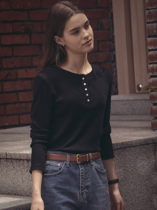 [TILLIDIE] Picot edge henry neck ribbed t-shirt_Black