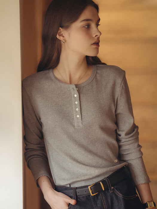 [TILLIDIE] Picot edge henry neck ribbed t-shirt_Melange