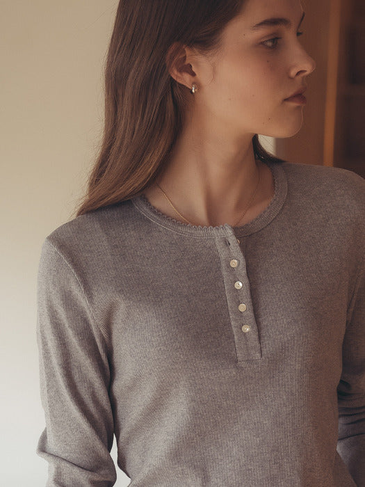 [TILLIDIE] Picot edge henry neck ribbed t-shirt_Melange