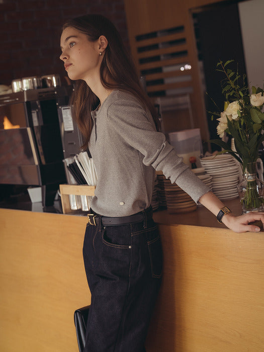 [TILLIDIE] Picot edge henry neck ribbed t-shirt_Melange