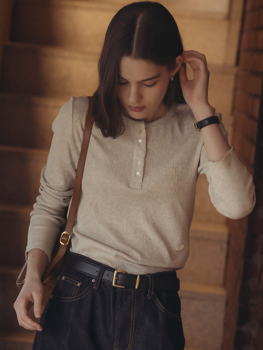Tillidie Picot edge henry neck ribbed t-shirt Oatmeal