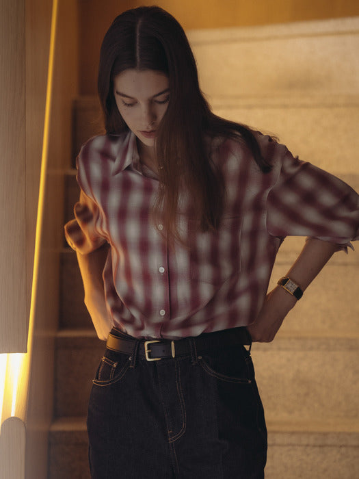[TILLIDIE] Mild check silky shirt_Wine