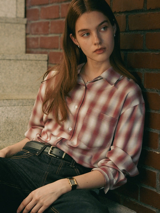 [TILLIDIE] Mild check silky shirt_Wine
