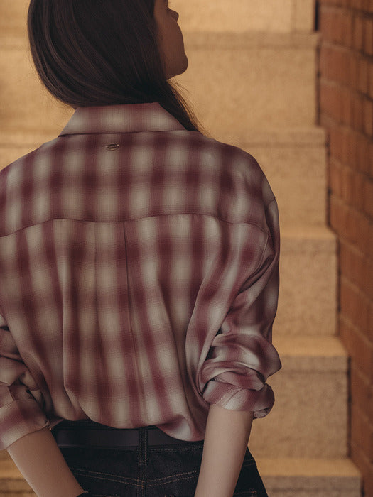 [TILLIDIE] Mild check silky shirt_Wine