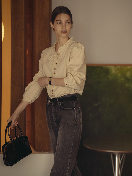[TILLIDIE] Neck frill ribbon cotton blouse_Butter