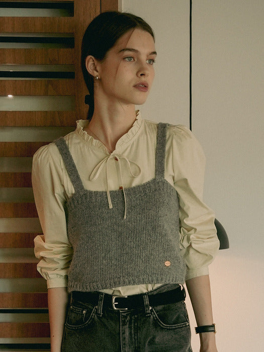 [TILLIDIE] Neck frill ribbon cotton blouse_Butter