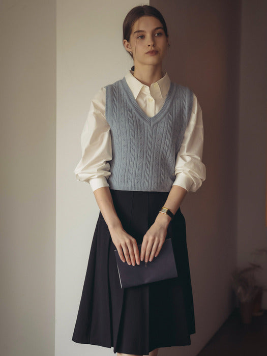 [TILLIDIE] Eyelet cable wool knit vest_blue
