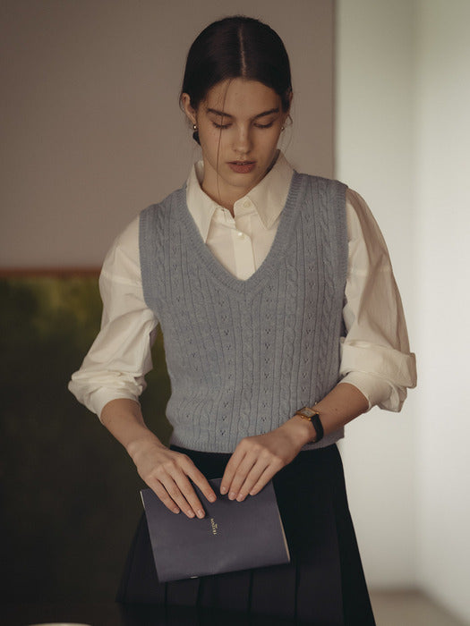 [TILLIDIE] Eyelet cable wool knit vest_blue