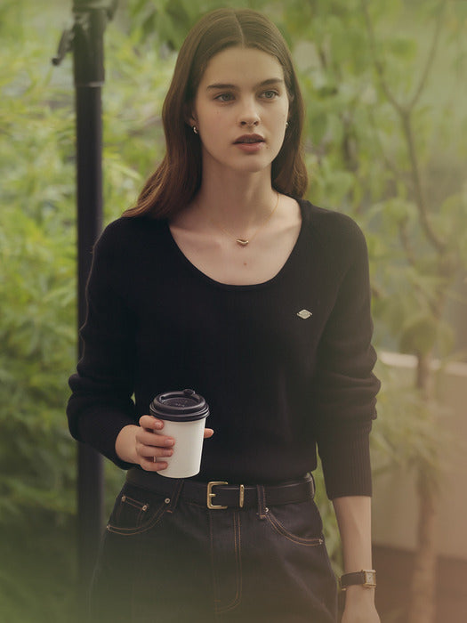 [TILLIDIE] U-neck ribbed raglan knit_Black