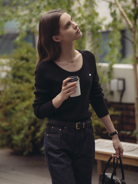 [TILLIDIE] U-neck ribbed raglan knit_Black