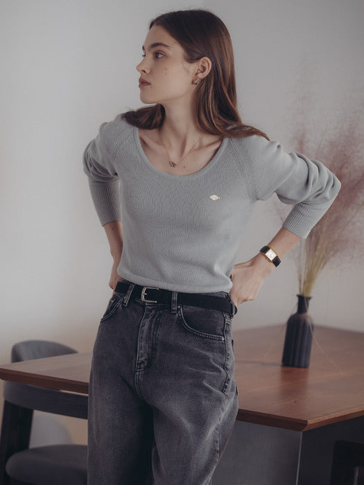 [TILLIDIE] U-neck ribbed raglan knit_Sky blue