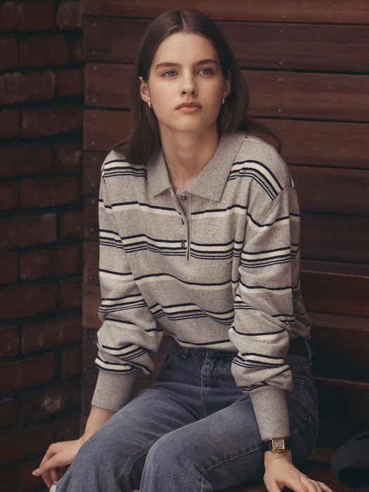 [TILLIDIE] Color mixed wool polo knit_Light gray