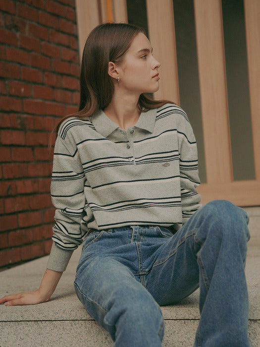 [TILLIDIE] Color mixed wool polo knit_Light gray