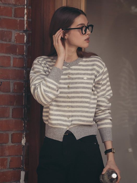 [TILLIDIE] Stripe round neck wool cardigan_Light gray