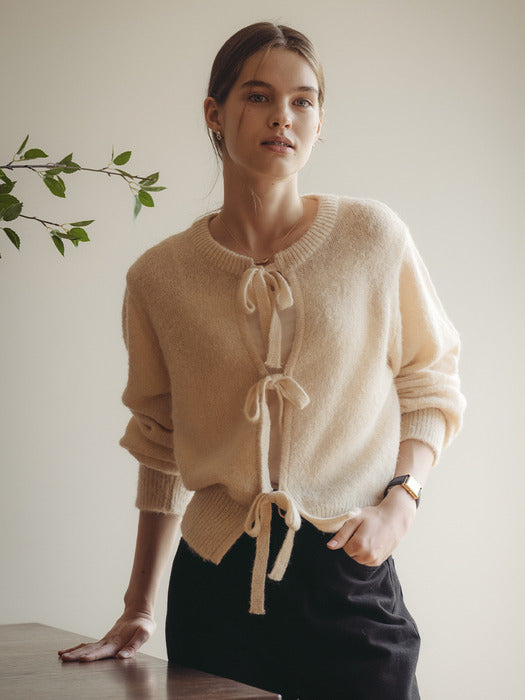 [TILLIDIE] Front ribbon alpaca blended knit_Light beige