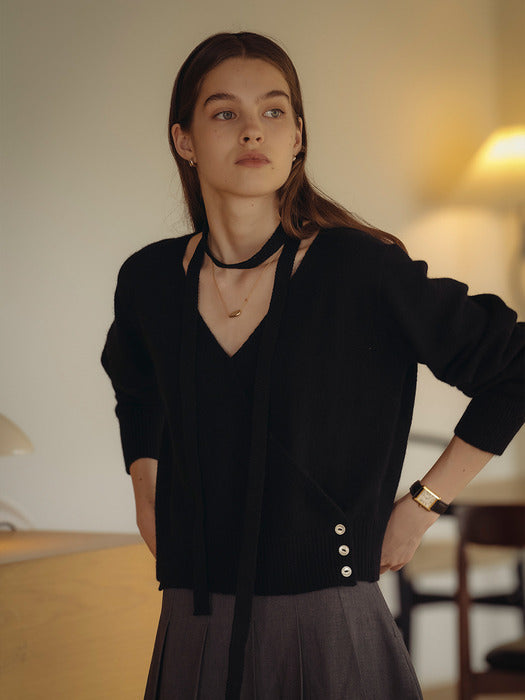 Tillidie Tie set raccoon wrap cardigan Black