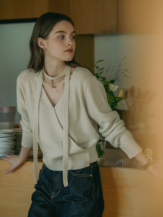 Tillidie Tie set raccoon wrap cardigan Oatmeal