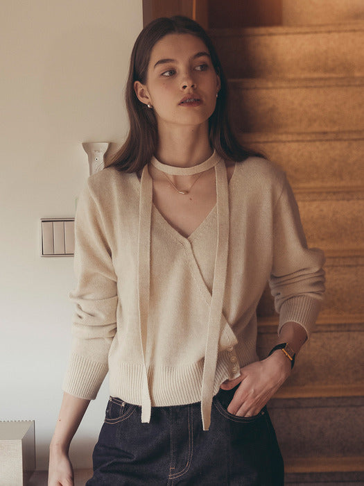 Tillidie Tie set raccoon wrap cardigan Oatmeal