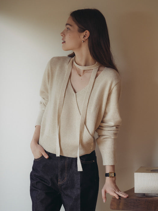 Tillidie Tie set raccoon wrap cardigan Oatmeal