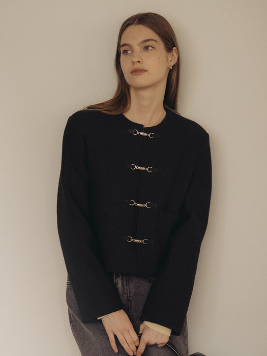 Tillidie Buckle detail boucle tweed jacket Black