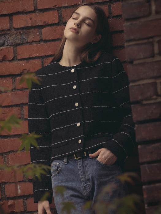 [TILLIDIE] Collarless moa tweed jacket_Black