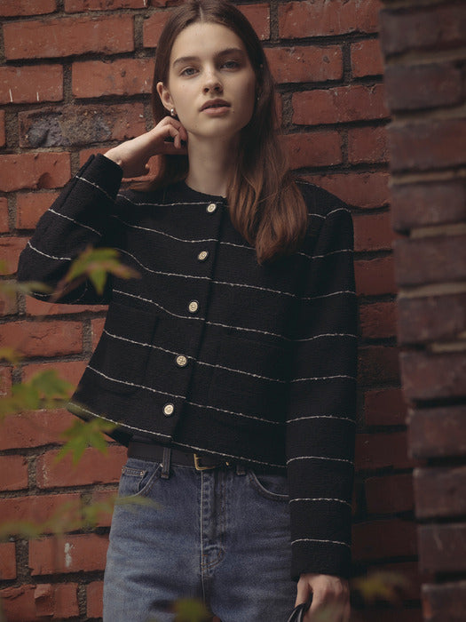 [TILLIDIE] Collarless moa tweed jacket_Black