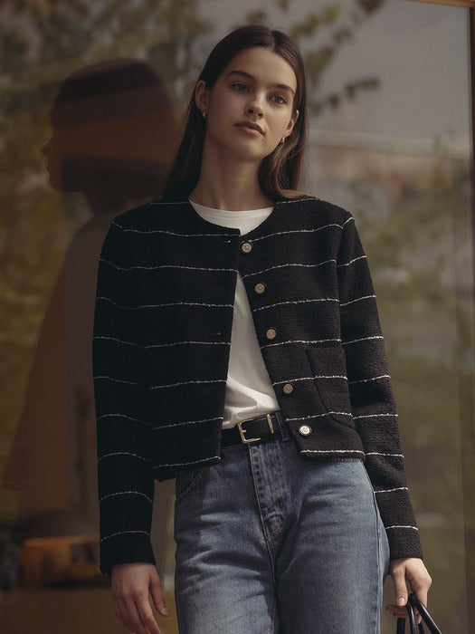 [TILLIDIE] Collarless moa tweed jacket_Black