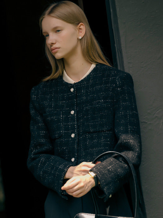[TILLIDIE] Collarless rose tweed jacket_Black