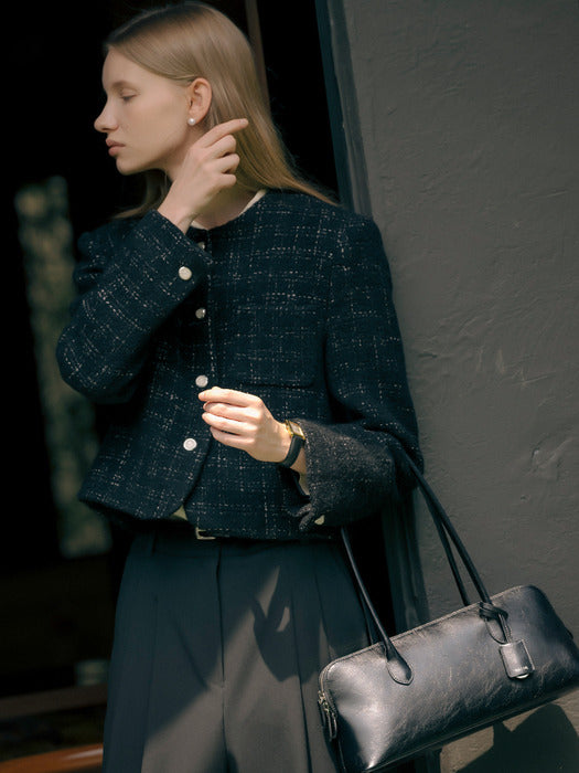 [TILLIDIE] Collarless rose tweed jacket_Black