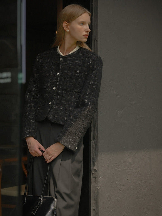 [TILLIDIE] Collarless rose tweed jacket_Black