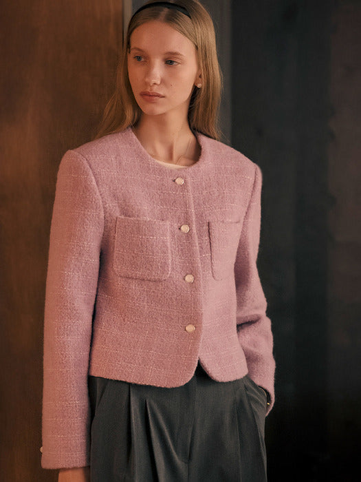 [TILLIDIE] Collarless rose tweed jacket_Purple