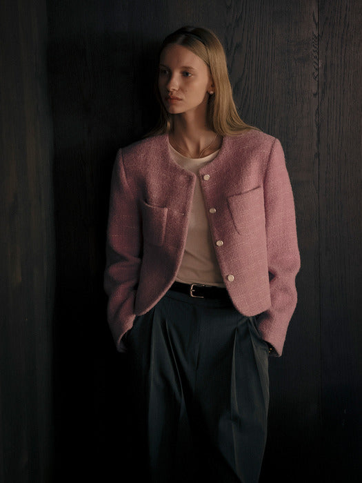 [TILLIDIE] Collarless rose tweed jacket_Purple