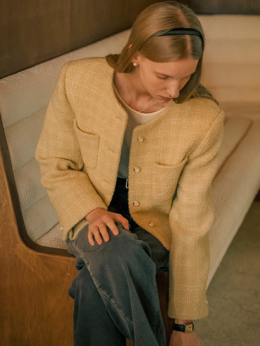 [TILLIDIE] Collarless rose tweed jacket_Beige