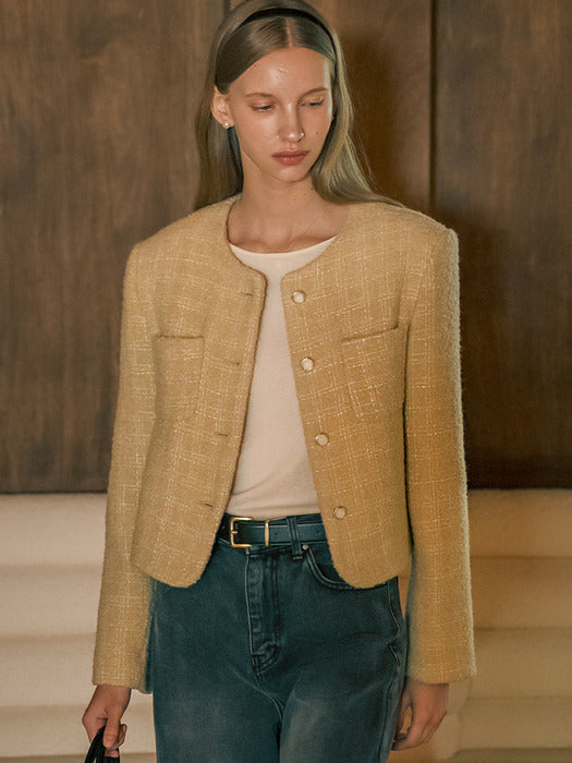 [TILLIDIE] Collarless rose tweed jacket_Beige