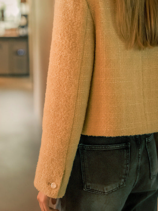 [TILLIDIE] Collarless rose tweed jacket_Beige