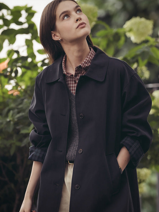 [TILLIDIE] Check detail trench coat_Navy