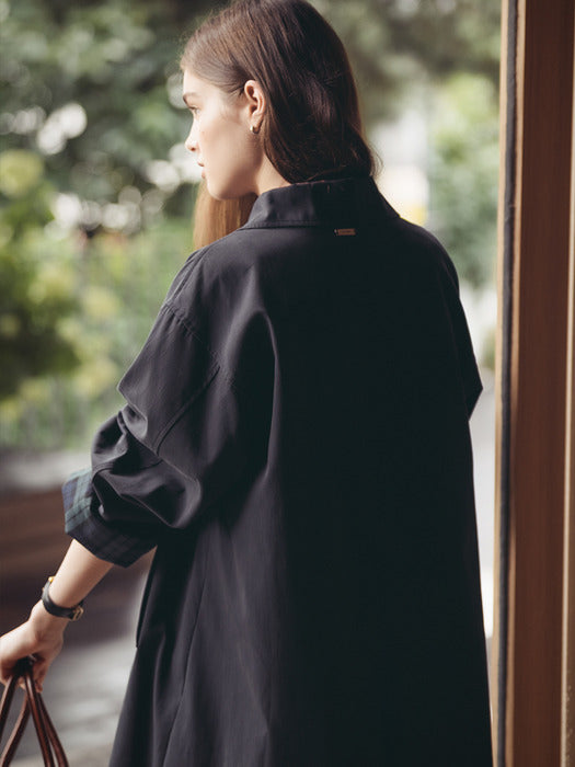 [TILLIDIE] Check detail trench coat_Navy